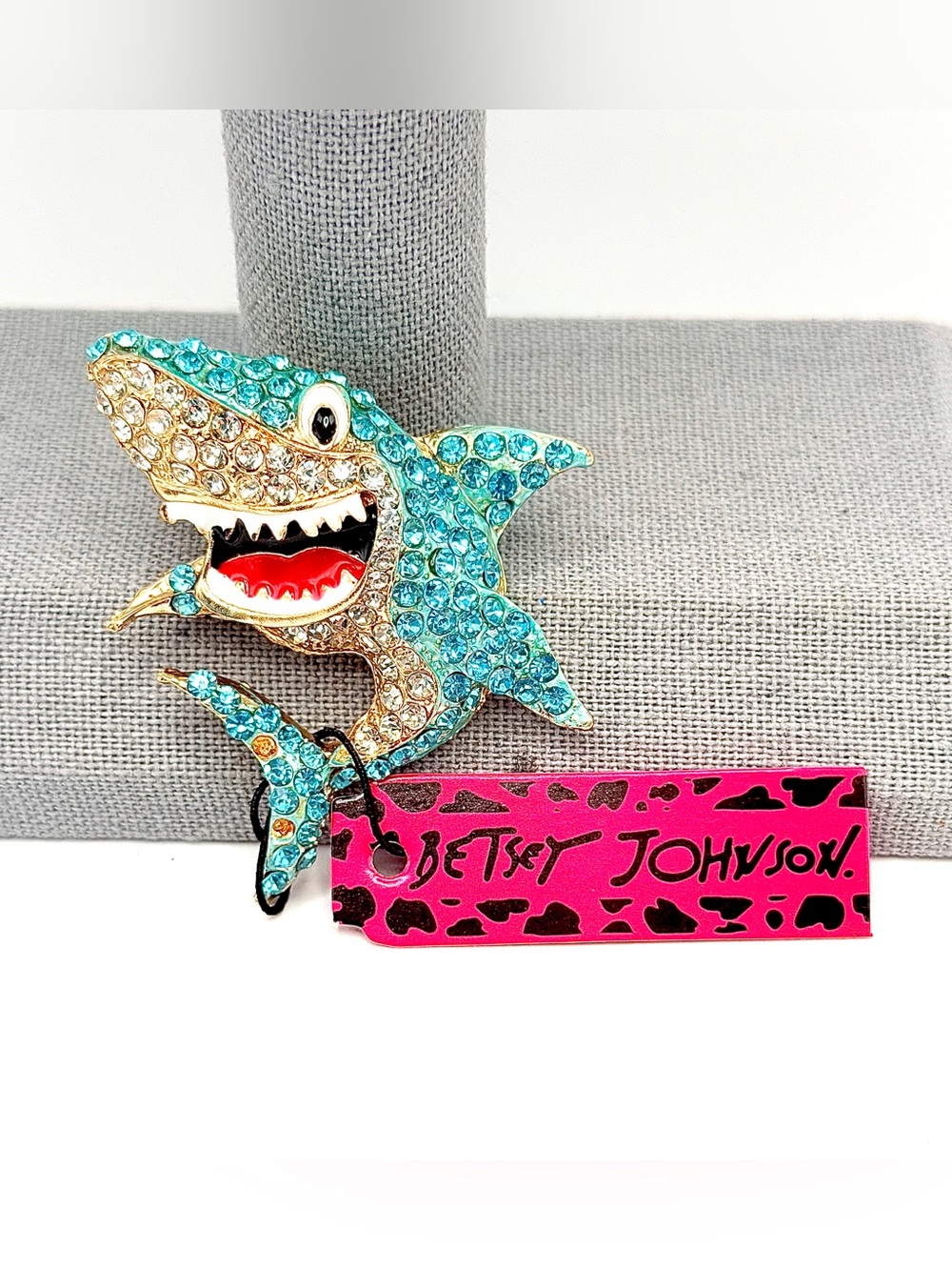 Betsey Johnson Shark Brooch Aqua w/Rhinestones